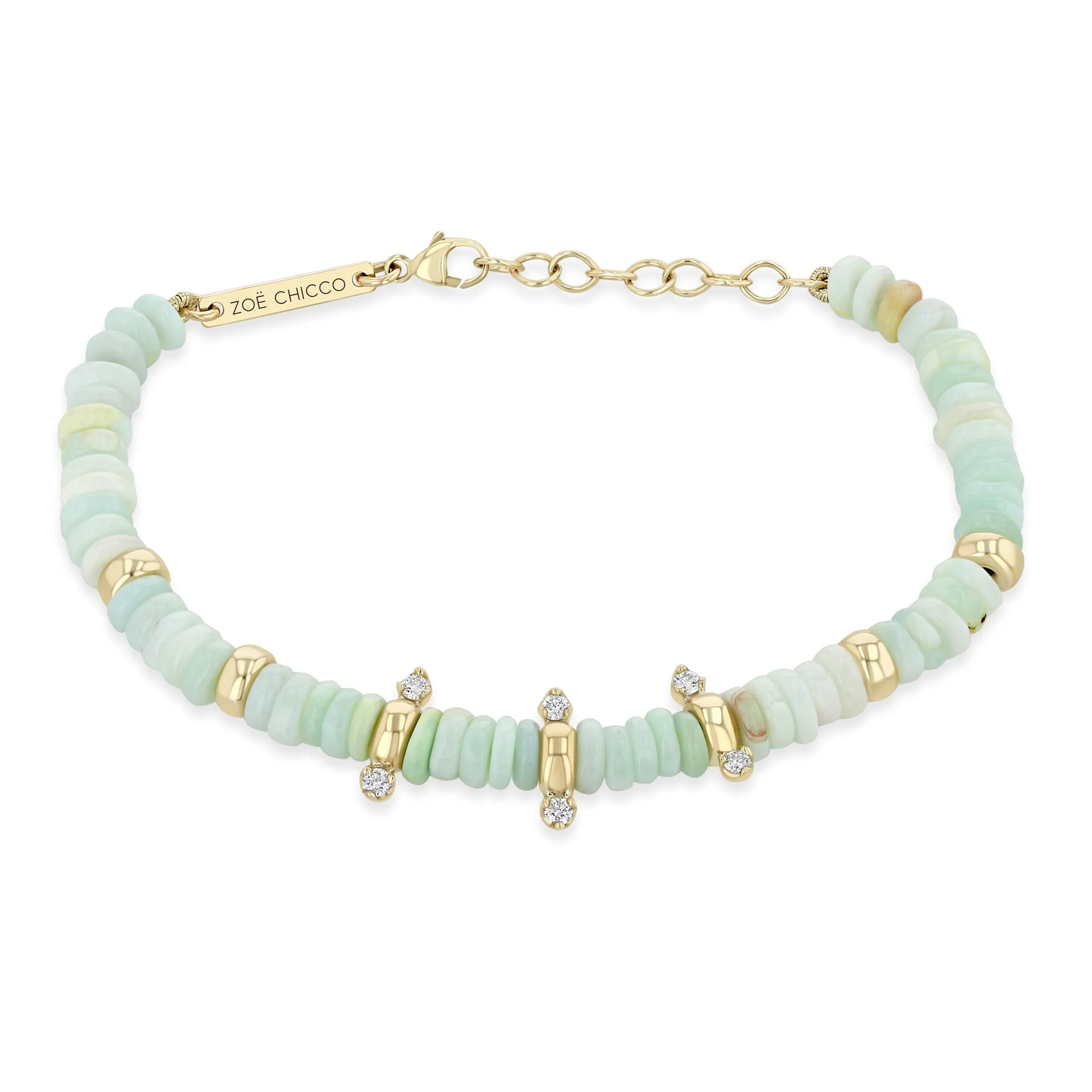 14k Gold & Mixed Light Blue Opal Rondelle Bead Bracelet with 6 Prong Diamonds