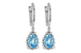 14K White Gold Pear Shape Blue Topaz Dangle Earrings