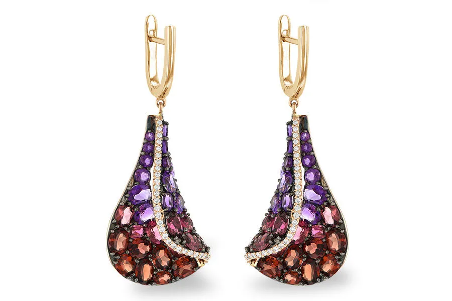 14KT Gold Amethyst & Garnet Stained Glass Earrings