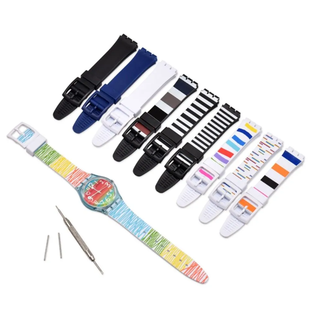 17mm Universal stripe printed silicone watch strap - Black / White Stripe