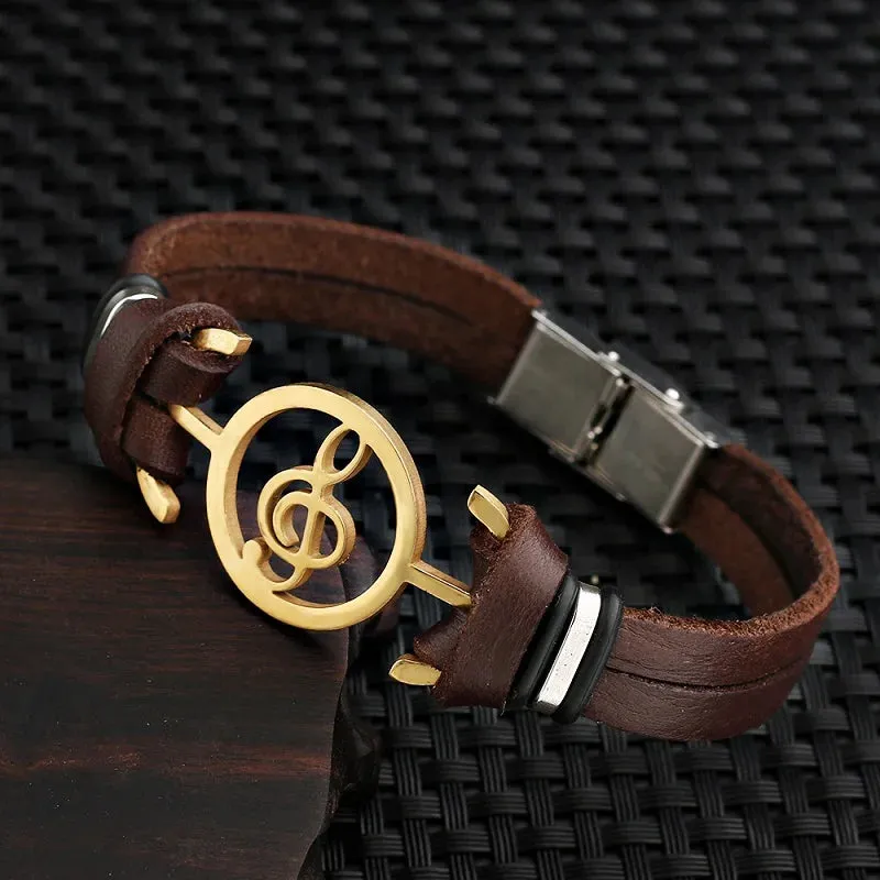 2021 Vintage Fashion Stainless Steel Hollow Carved Musical Note Leather Bracelet Charm Double Cuff Bracelet for Men Pulseira