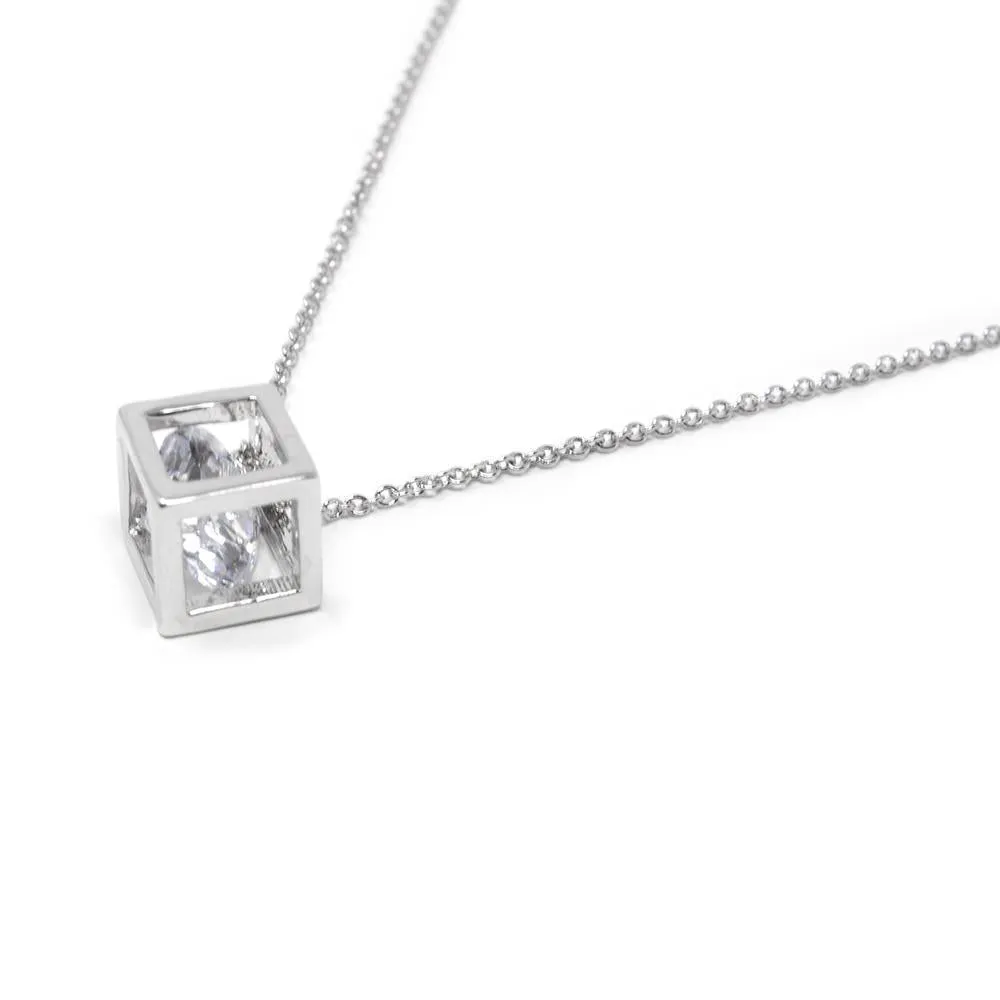 3D Square Pendant Necklace Rhodium Plated