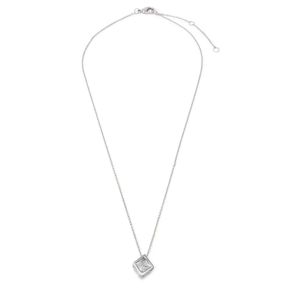 3D Square Pendant Necklace Rhodium Plated