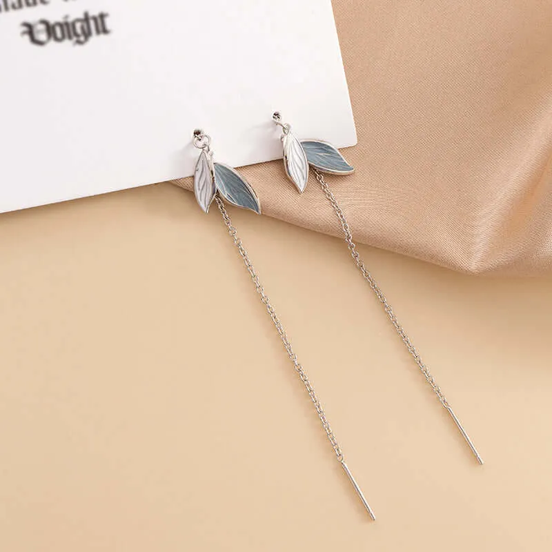 925 Silver One Touch Blue Leaf Long Drop Earrings