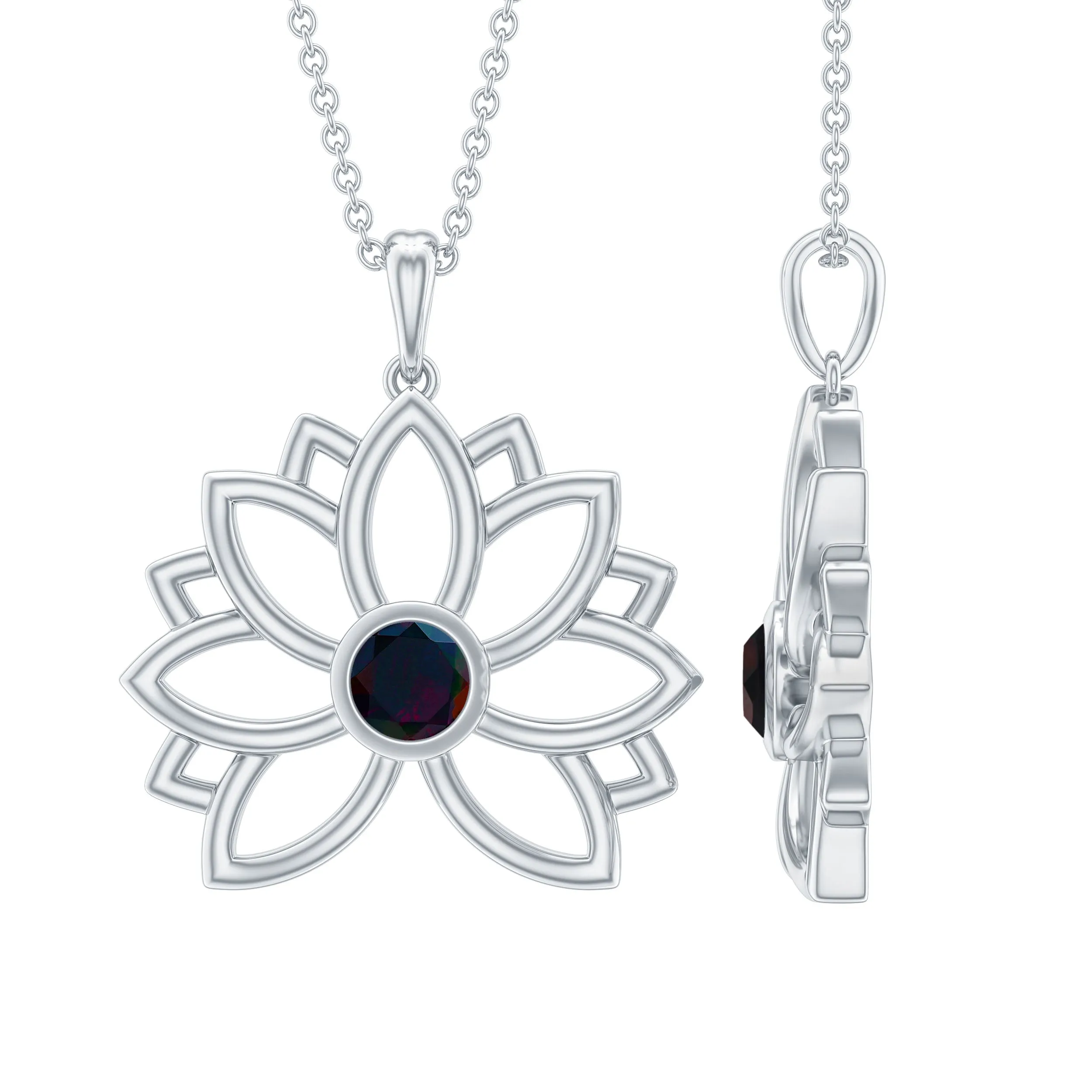 Bezel Set Black Opal Gold Flower Pendant Necklace