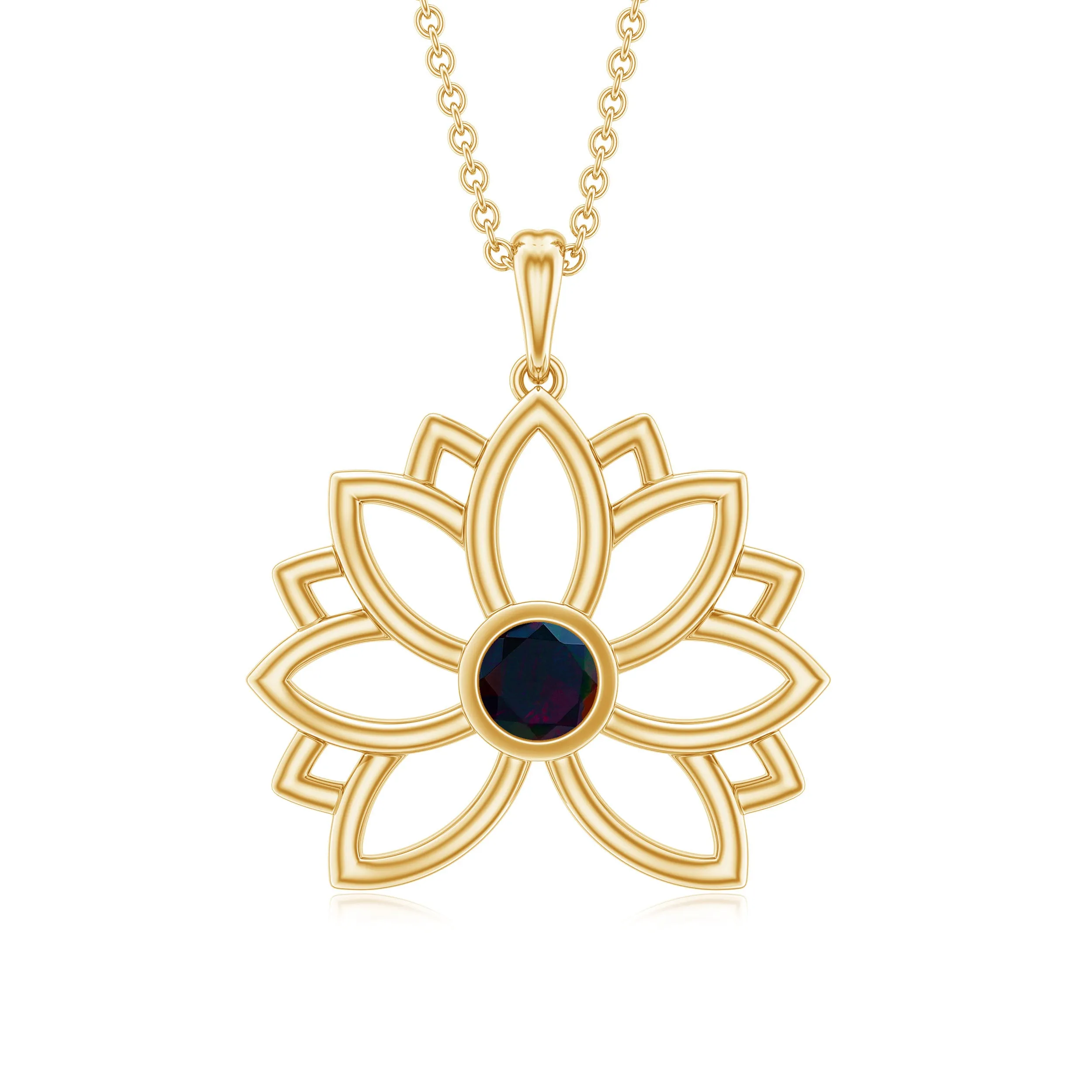 Bezel Set Black Opal Gold Flower Pendant Necklace