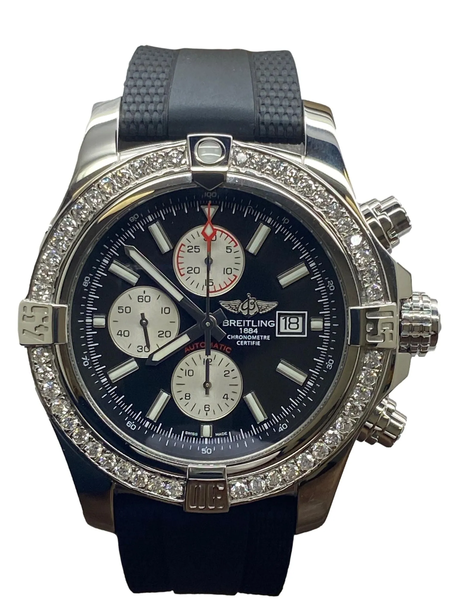 Breitling Super Avenger II Custom Diamond Bezel A13371 Black Panda Dial Automatic Men's Watch