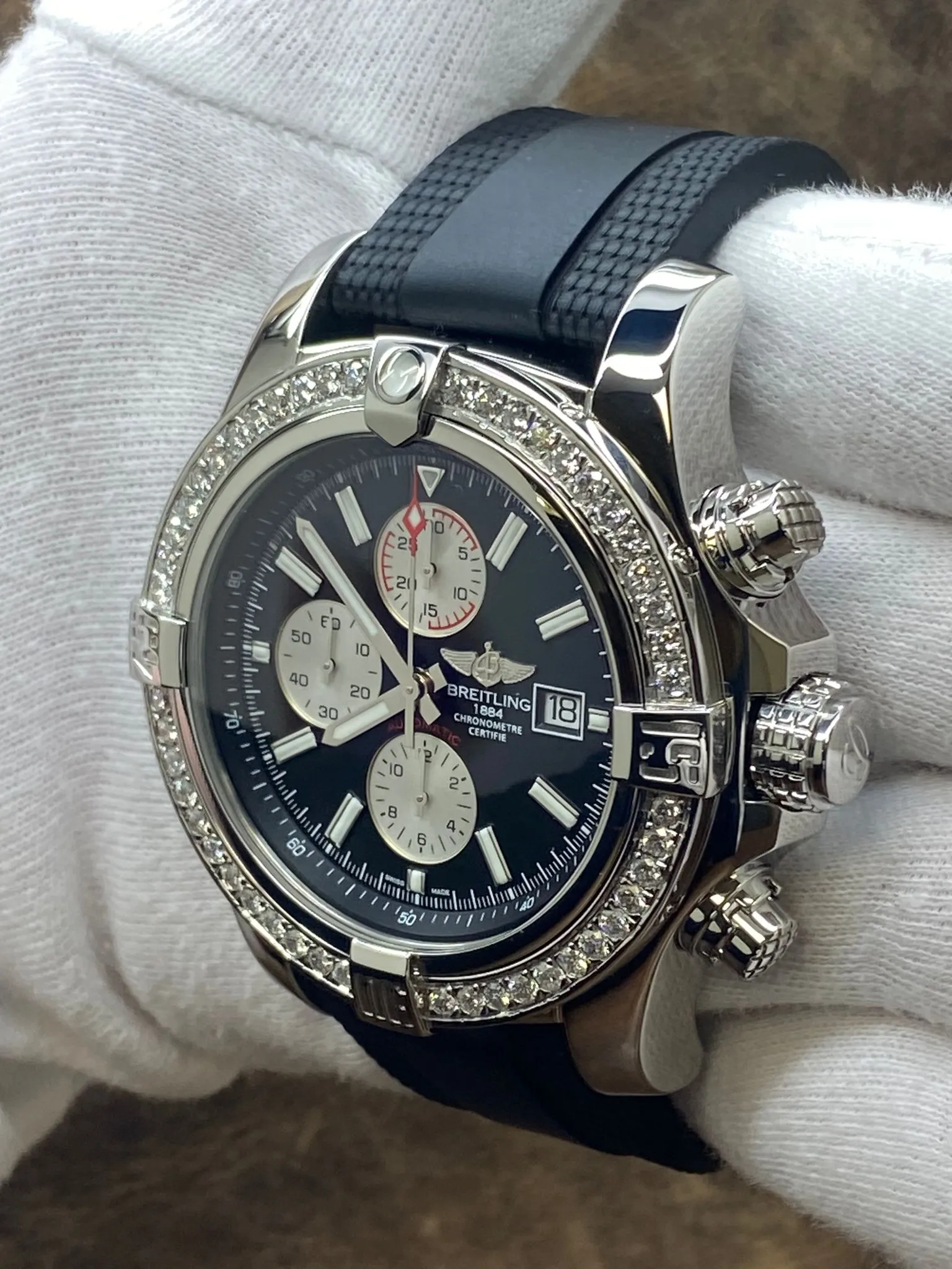 Breitling Super Avenger II Custom Diamond Bezel A13371 Black Panda Dial Automatic Men's Watch