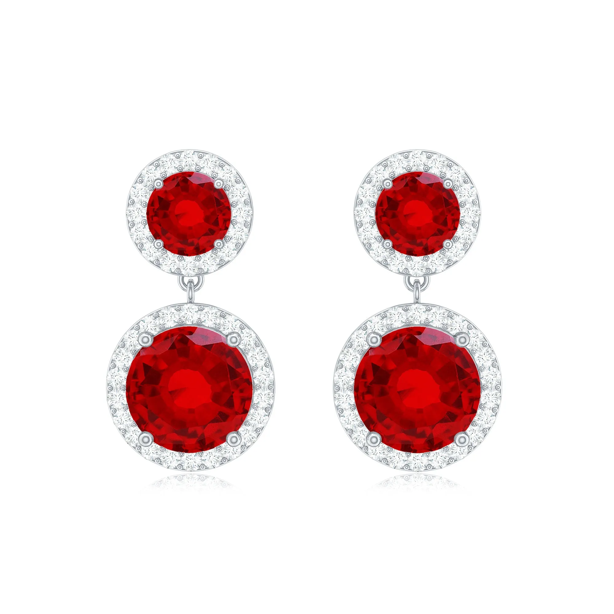 Certified Created Ruby and Diamond Halo Dangle Earrings