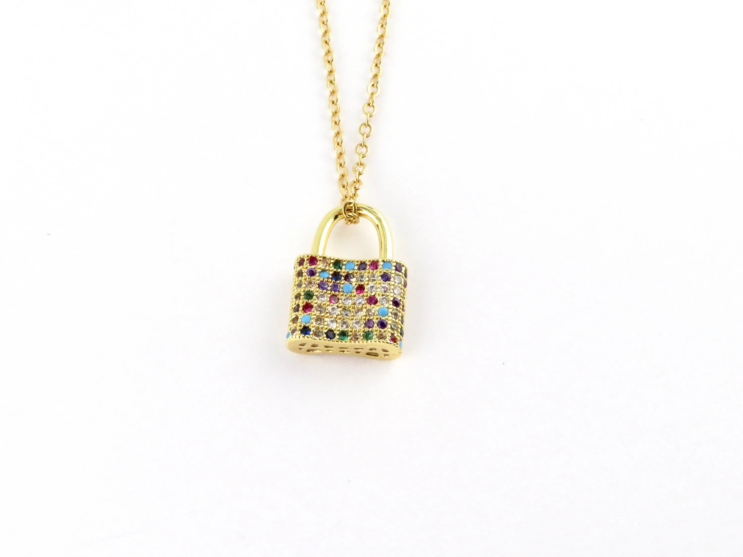 Colorful Sparkly Gold Padlock Necklace