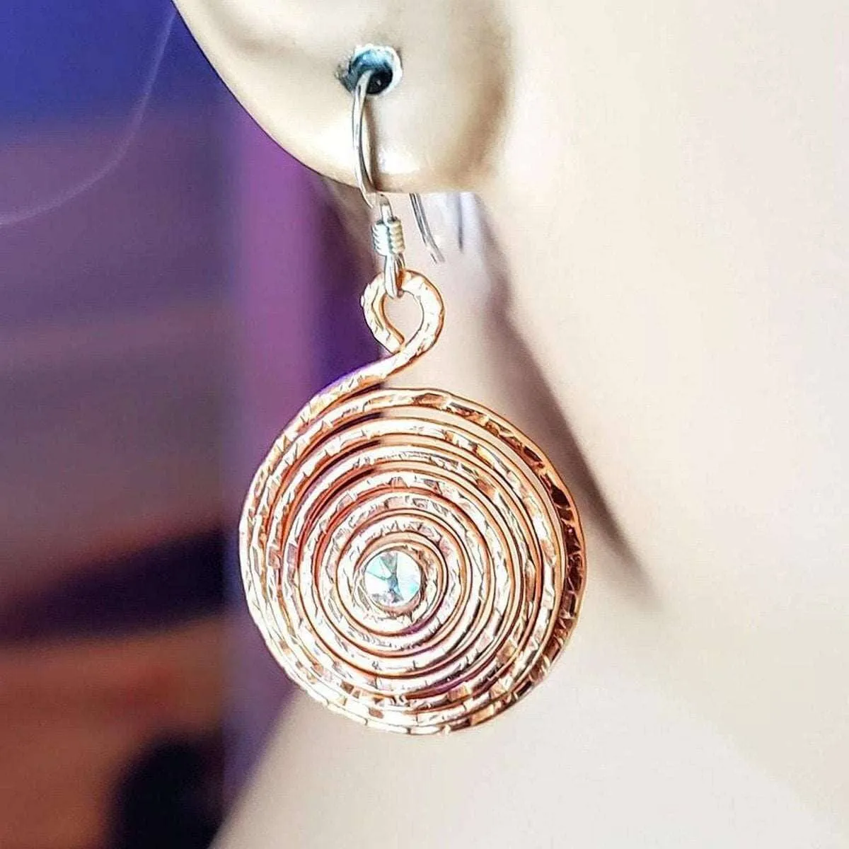 Crystal Embedded Copper Spiral Hoop Earrings