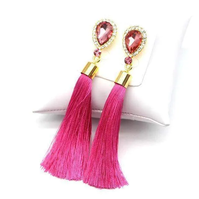 Crystal Water Drop Tassel Long Earrings