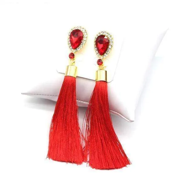 Crystal Water Drop Tassel Long Earrings