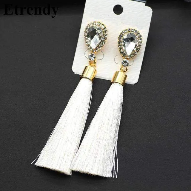 Crystal Water Drop Tassel Long Earrings