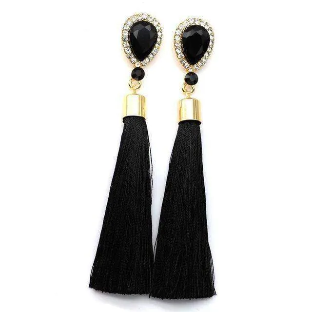 Crystal Water Drop Tassel Long Earrings