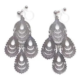 Dangle teardrop silver filigree invisible clip on earrings