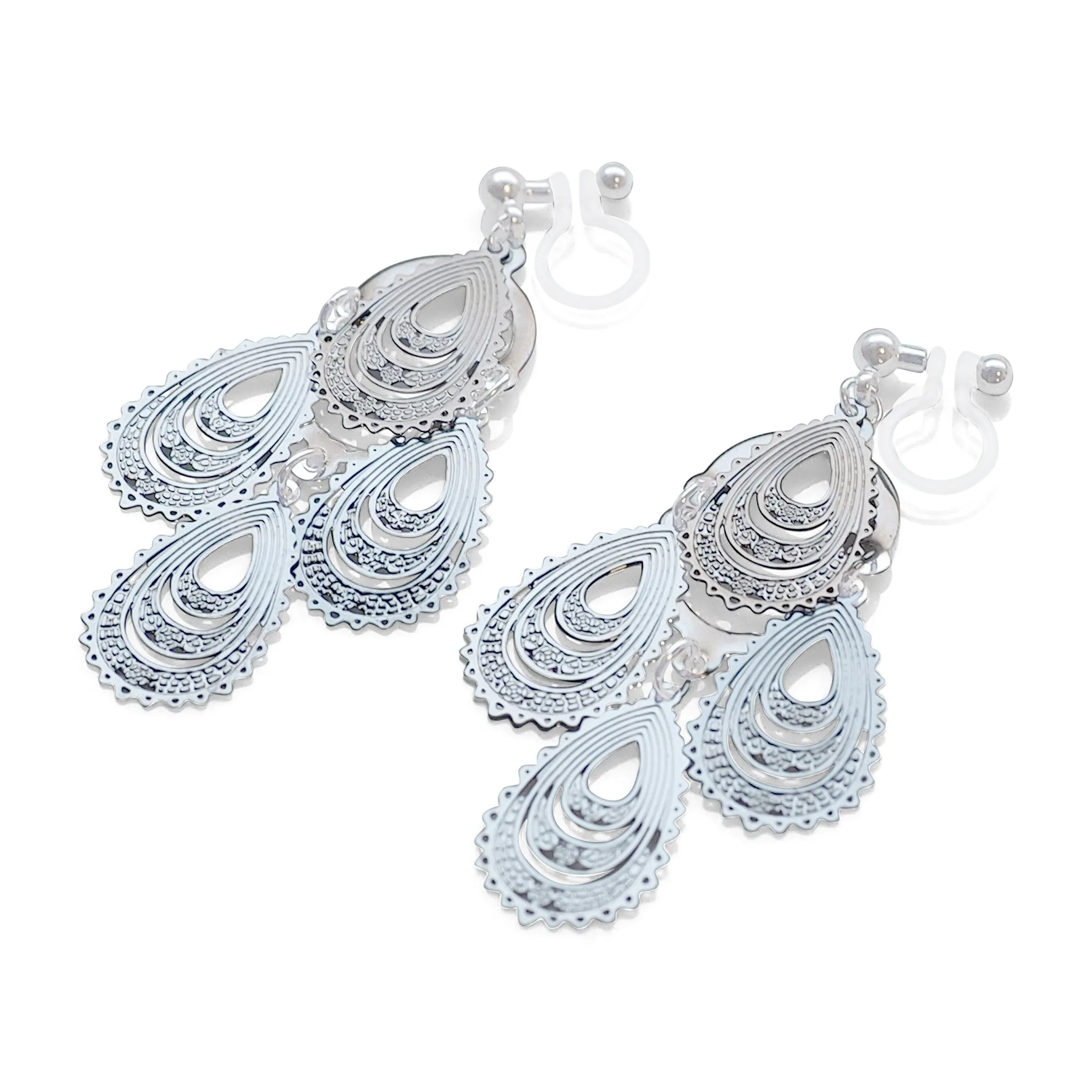 Dangle teardrop silver filigree invisible clip on earrings