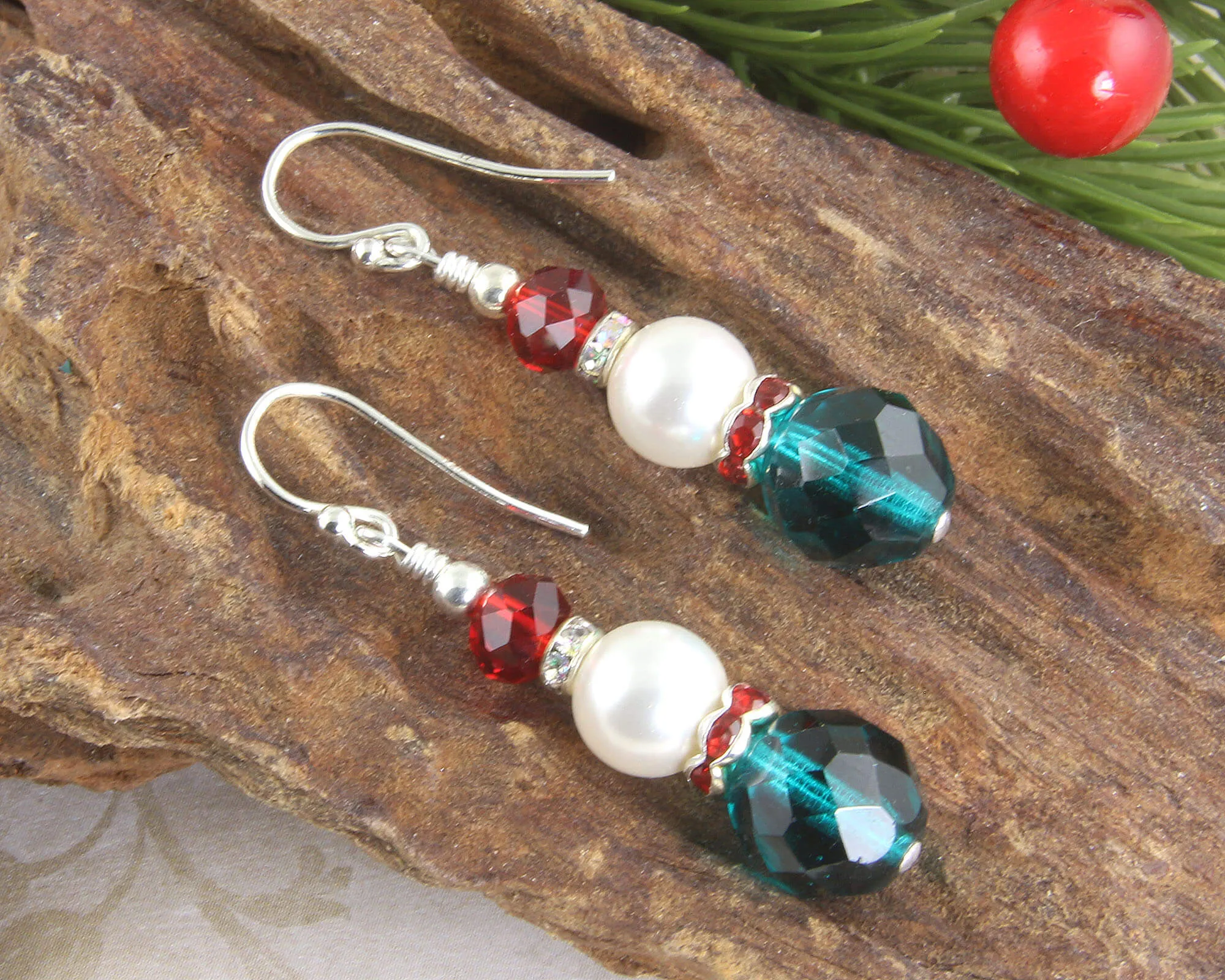 Green & Red Christmas Pearl Earrings