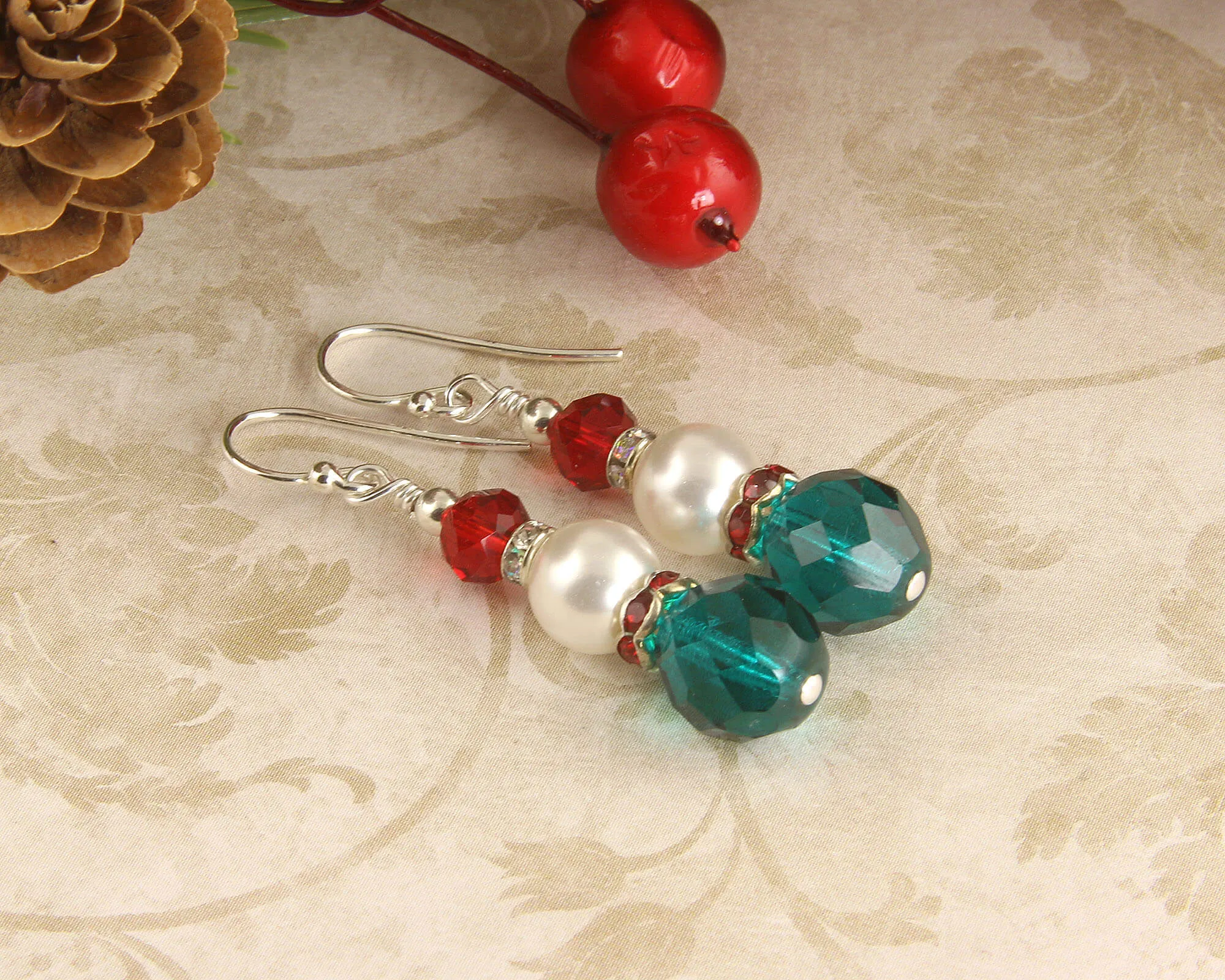 Green & Red Christmas Pearl Earrings