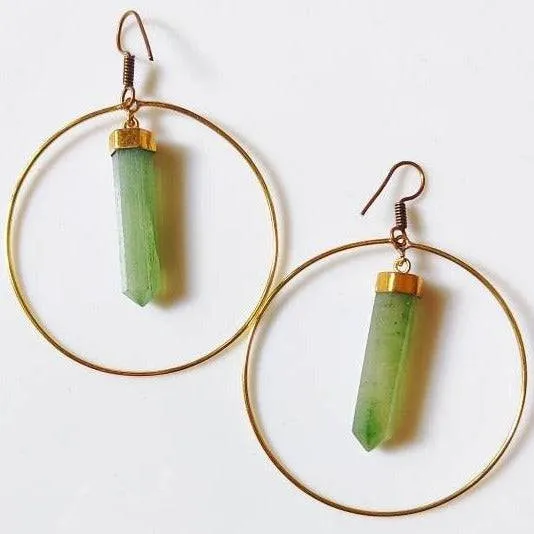 Green Aventurine Gold Hoop Crystal Earrings