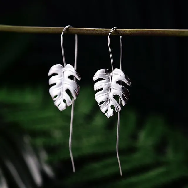 Handmade Palm Leaf Drop, Dangle Earrings, 925 Sterling Silver Fine Jewelry,  Monstera Leaves Design