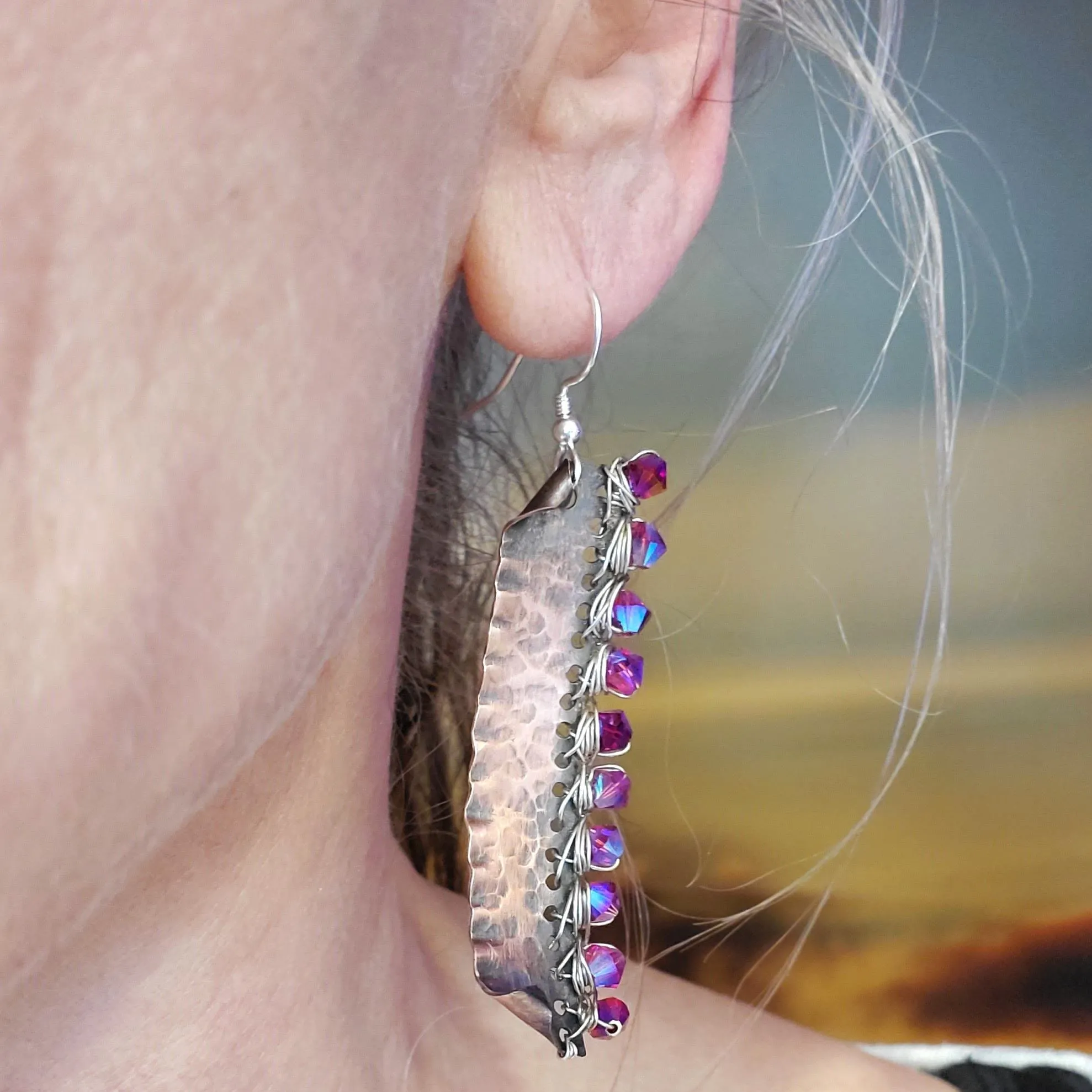 Hot Pink Wire Wrapped Super Sparkly Hammered Copper Bar Earrings.