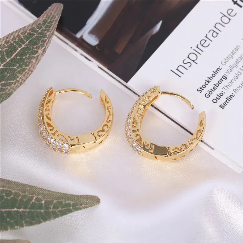 Huitan Hollow Gold Color Hoop Earrings for Women Paved Dazzling CZ Stone Luxury Trendy Female Circle Earrings Statement Jewelry