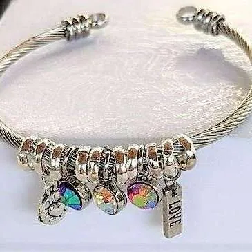 Love - Crystal Dangle Euro Cuff Bangle