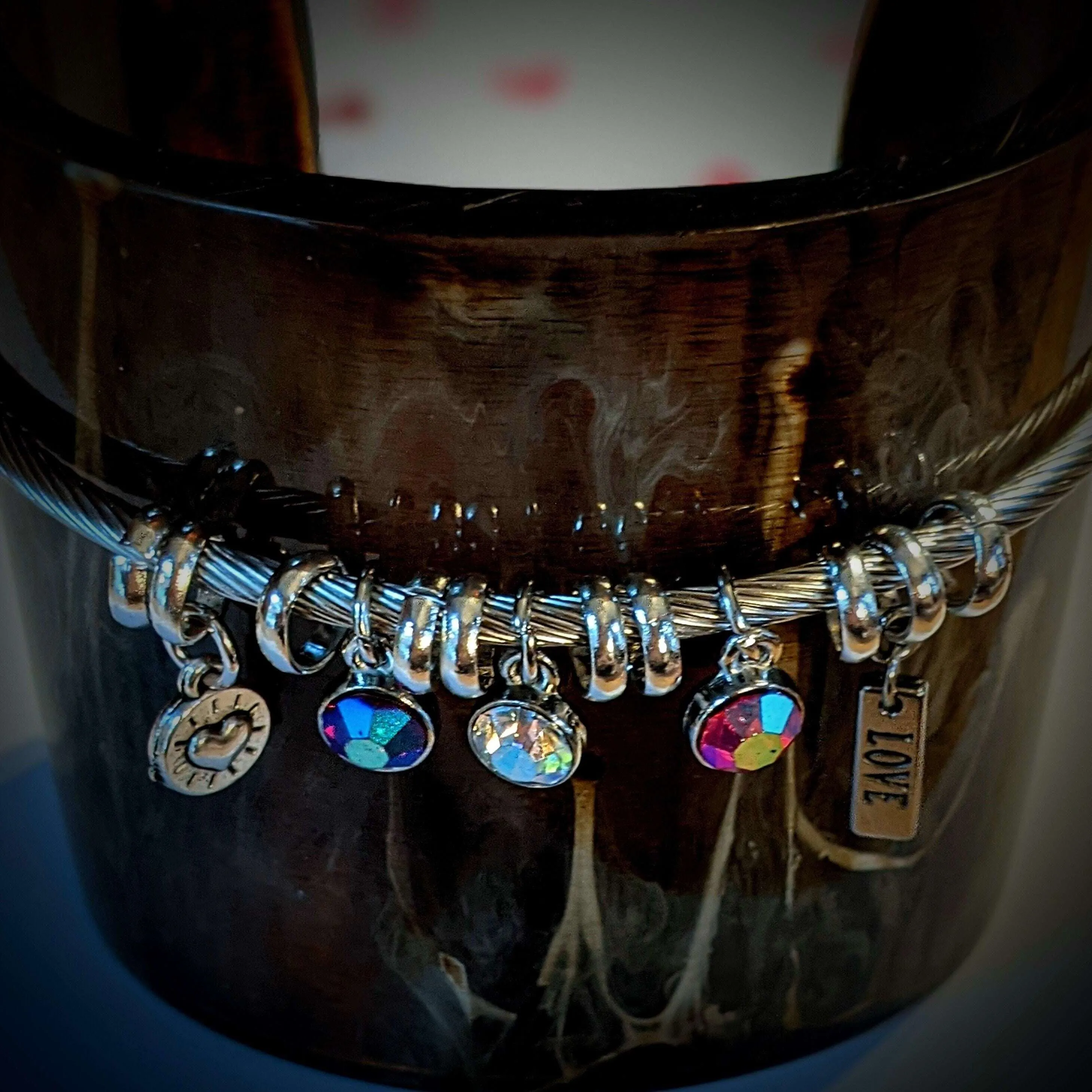 Love - Crystal Dangle Euro Cuff Bangle