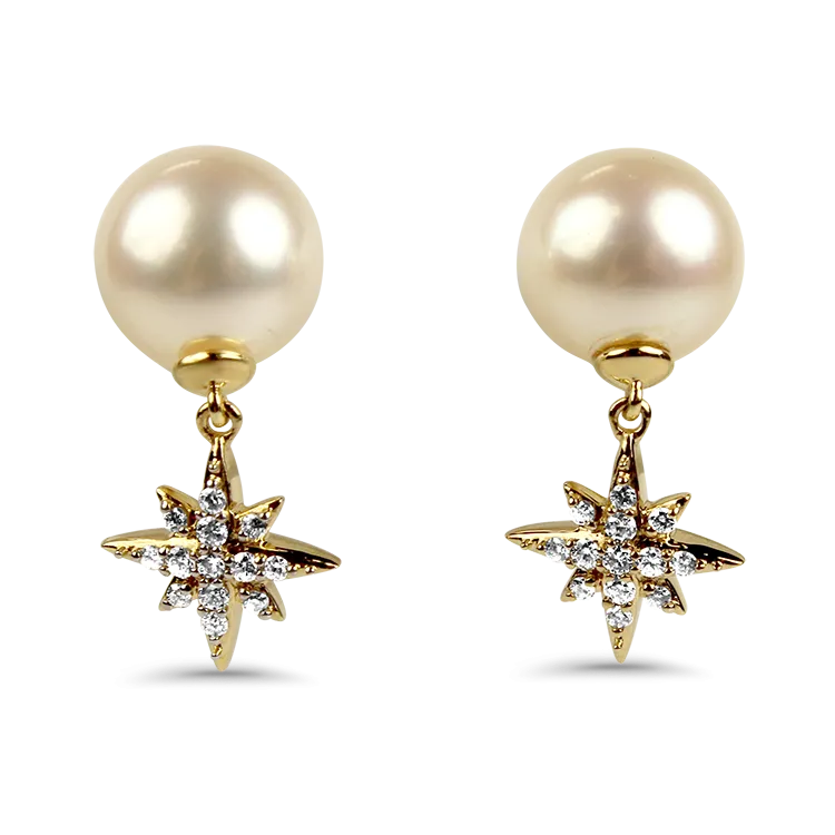 Mastoloni 18k Yellow Gold Pearl and Diamond Star Drop Earrings