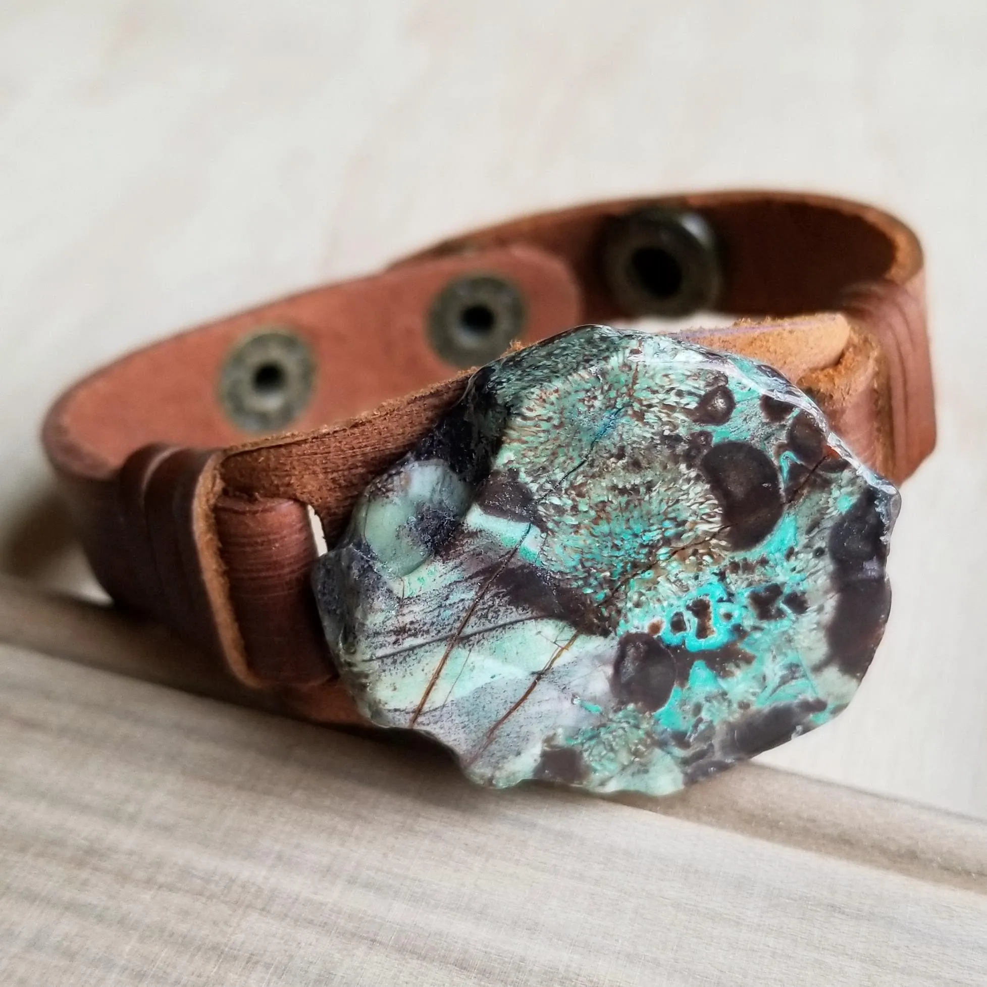 Ocean Agate Slab on Narrow Leather Cuff 005K