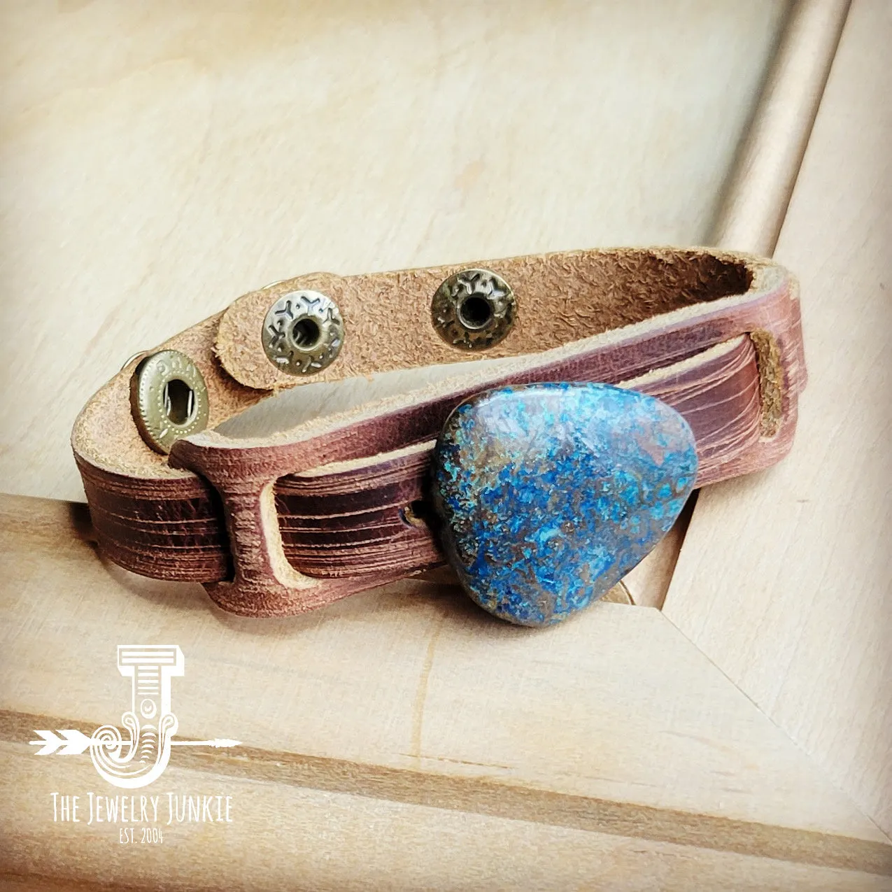 Ocean Agate Slab on Narrow Leather Cuff 005K