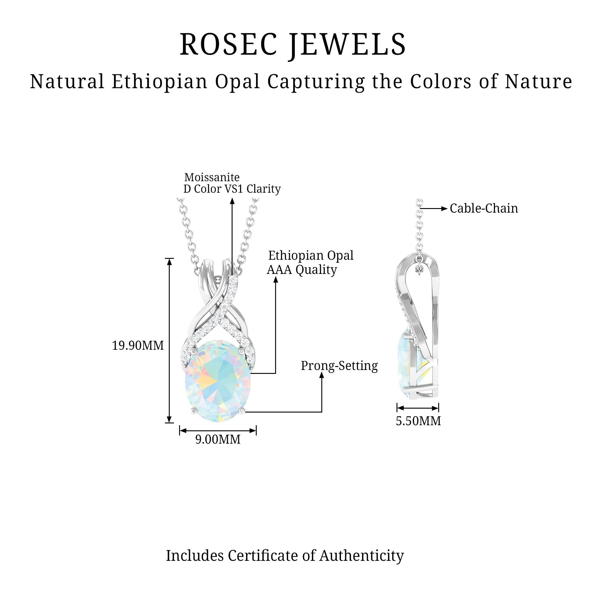 Oval Ethiopian Opal Solitaire Pendant with Moissanite Twisted Bail