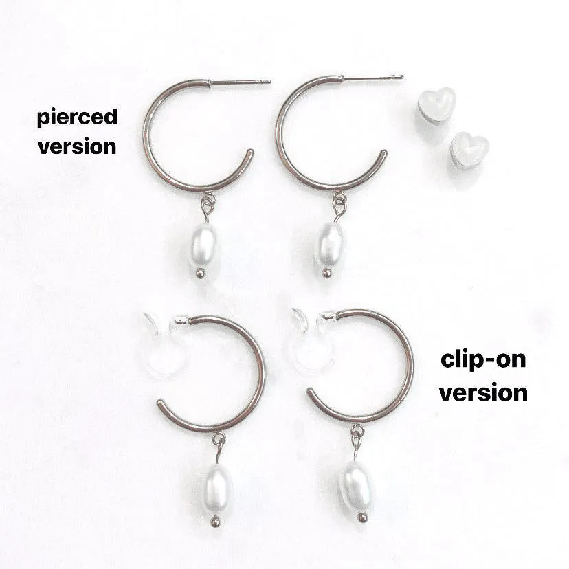 PEARL DANGLE SMALL HOOP CLIP-ON EARRINGS IN SILVER