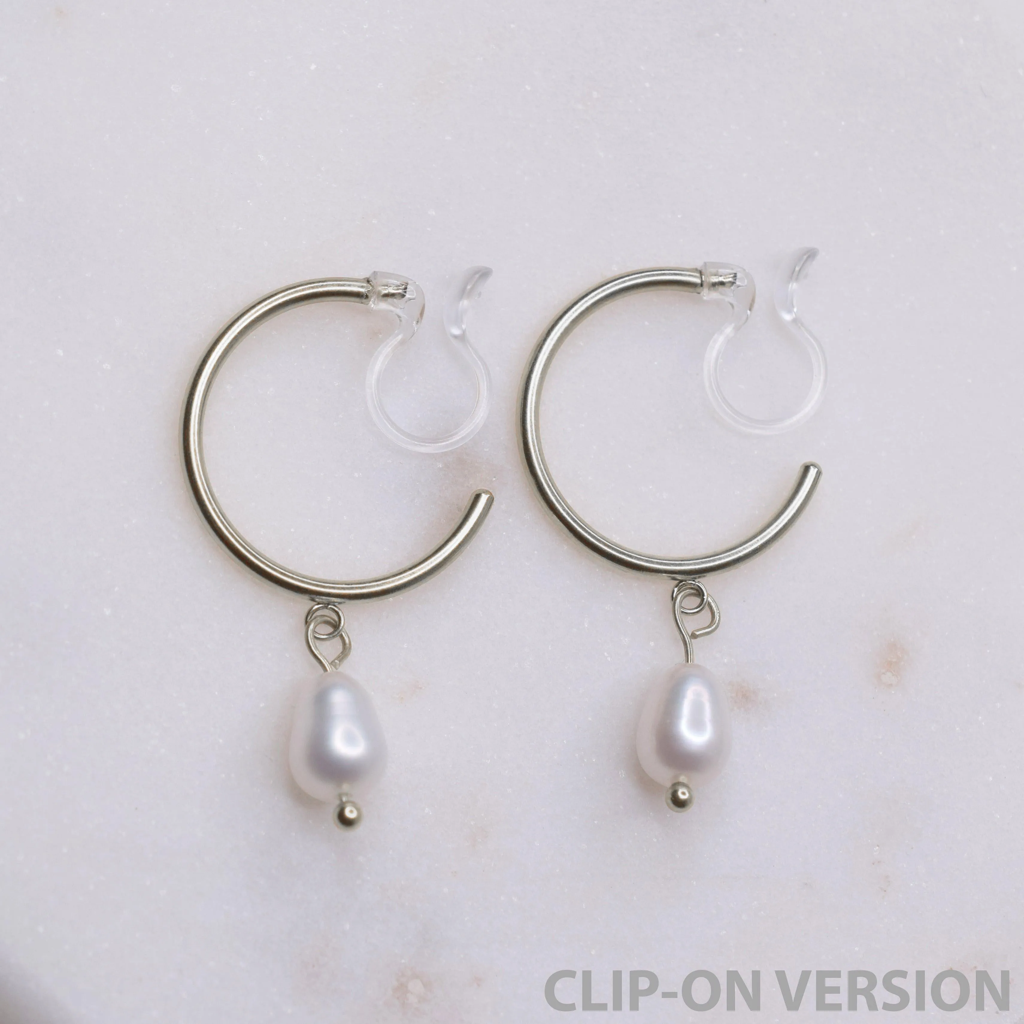 PEARL DANGLE SMALL HOOP CLIP-ON EARRINGS IN SILVER