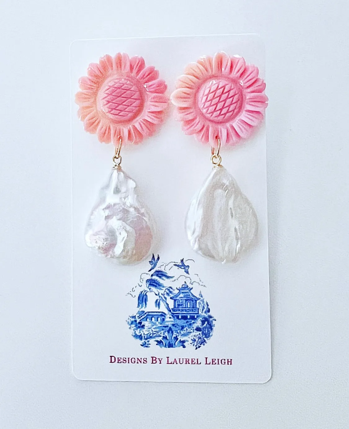 Pink Sunflower Pearl Drop Earrings