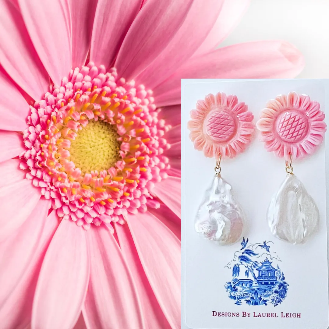 Pink Sunflower Pearl Drop Earrings