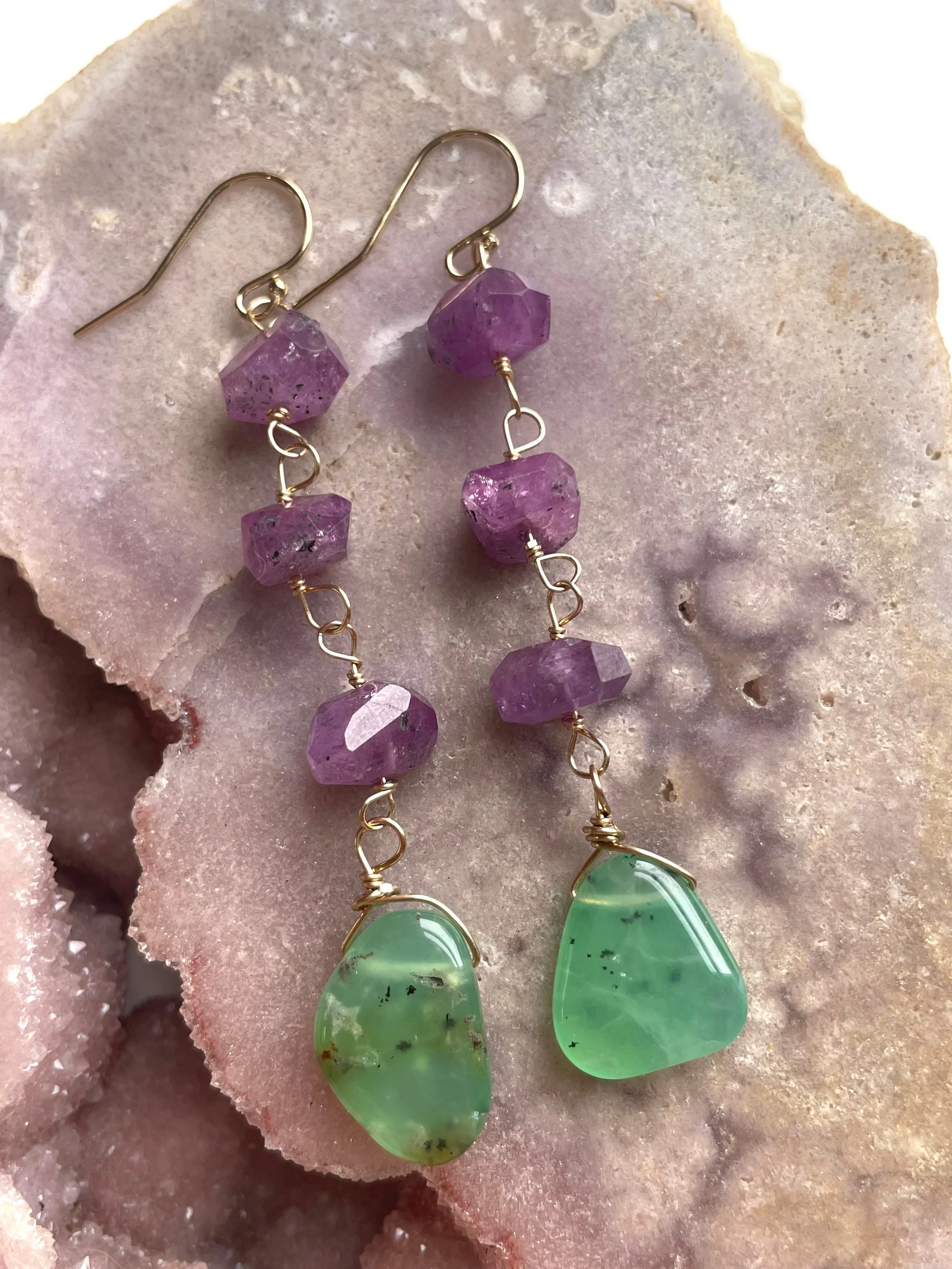 Raw Crystal Dangle Earrings Gold Filled - Pink Sapphire and Chrysoprase