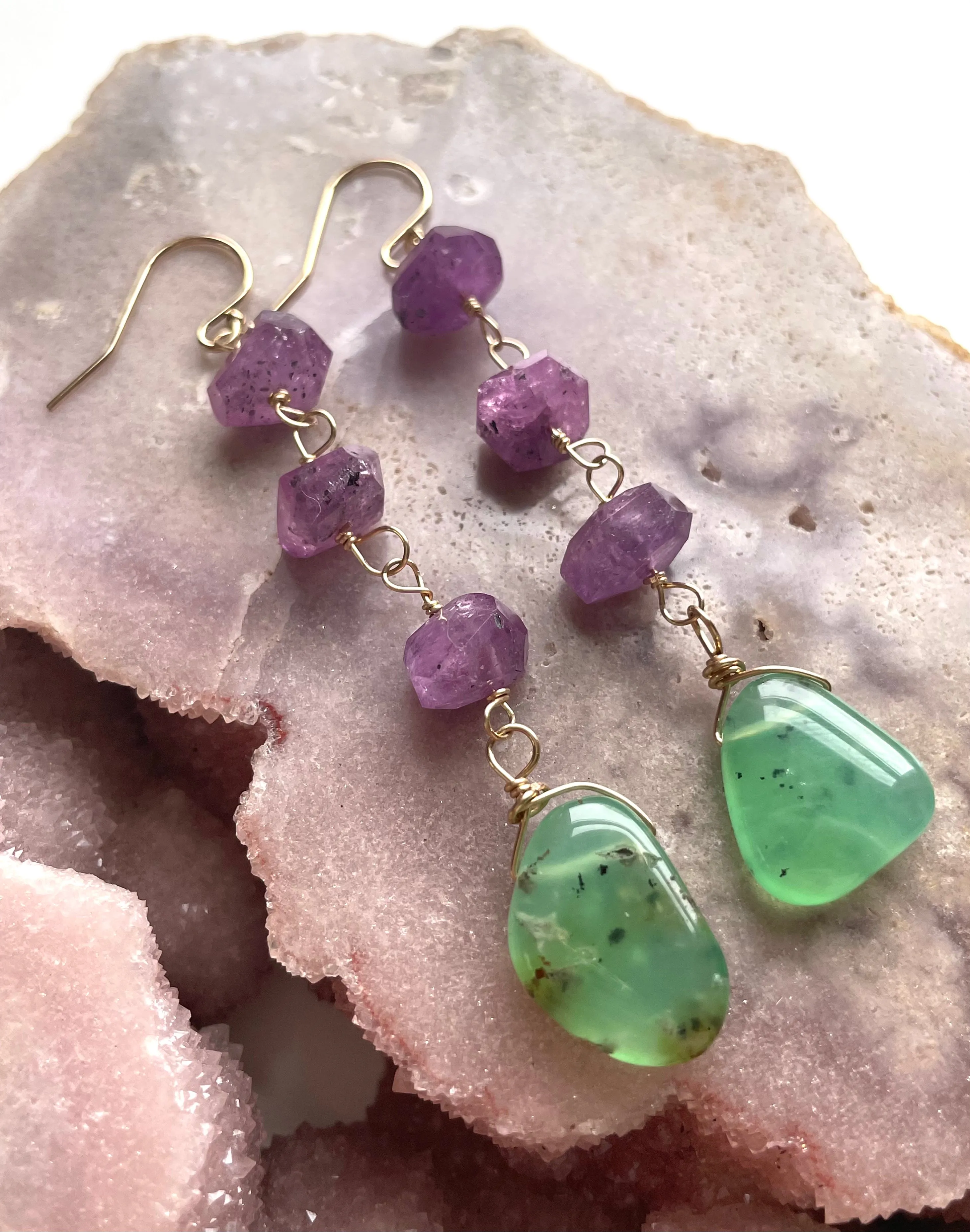 Raw Crystal Dangle Earrings Gold Filled - Pink Sapphire and Chrysoprase