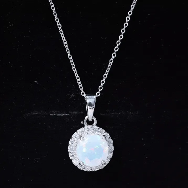 Real Ethiopian Opal and Moissanite Halo Pendant Necklace in Silver