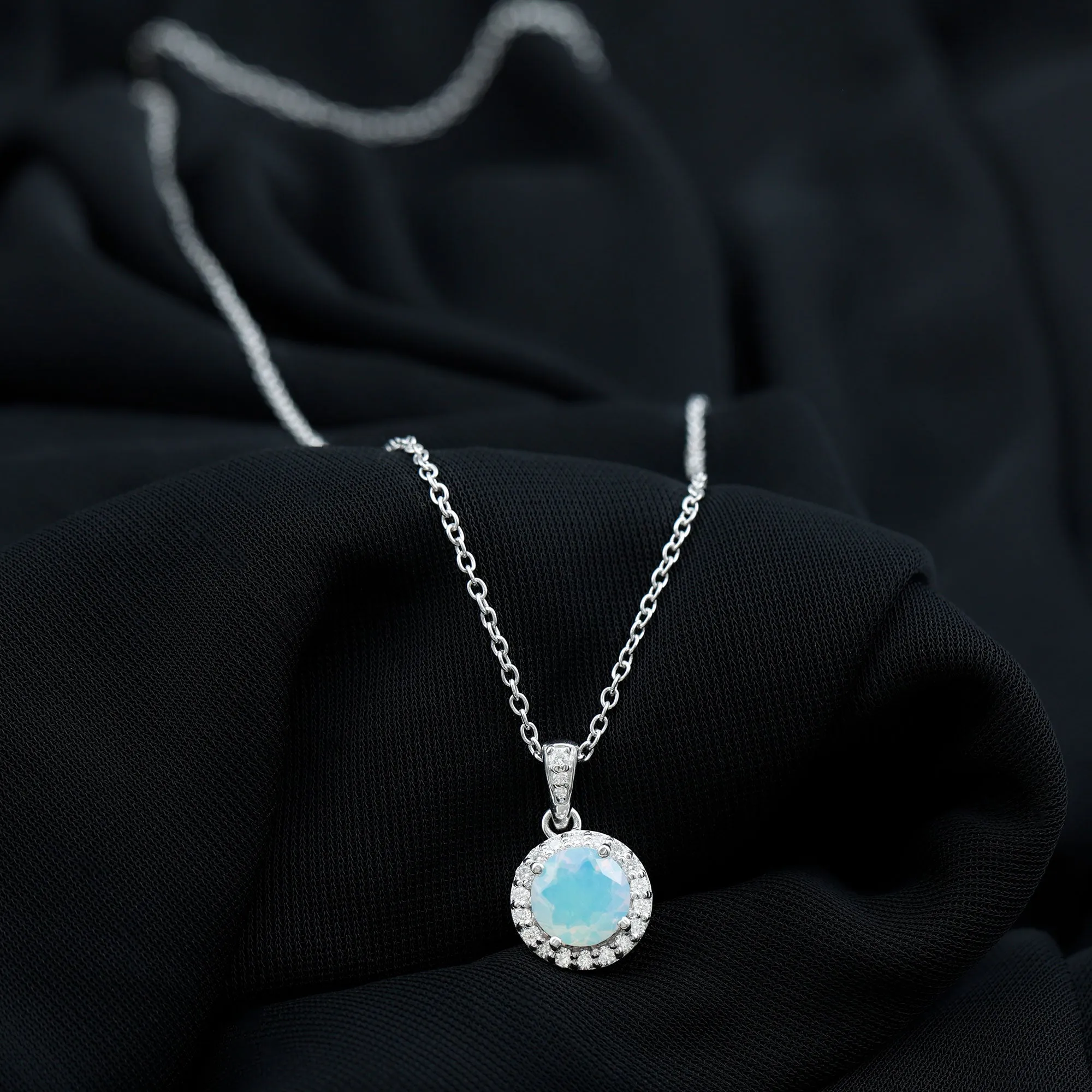 Real Ethiopian Opal and Moissanite Halo Pendant Necklace in Silver