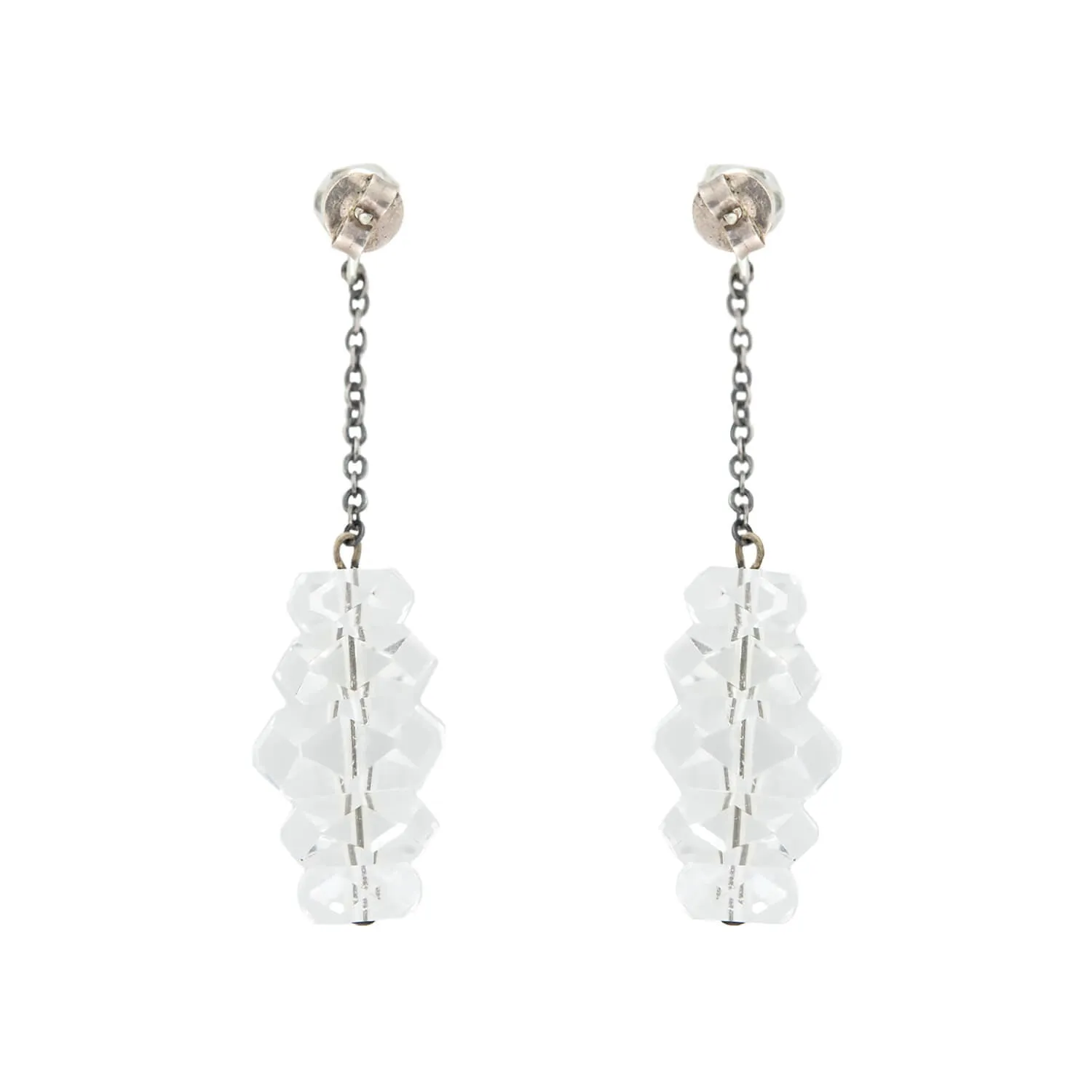 Retro Sterling   Rock Quartz Crystal Rondelle Dangle Earrings