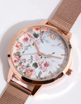 Rose Gold Romantic Flower Mesh Strap Watch