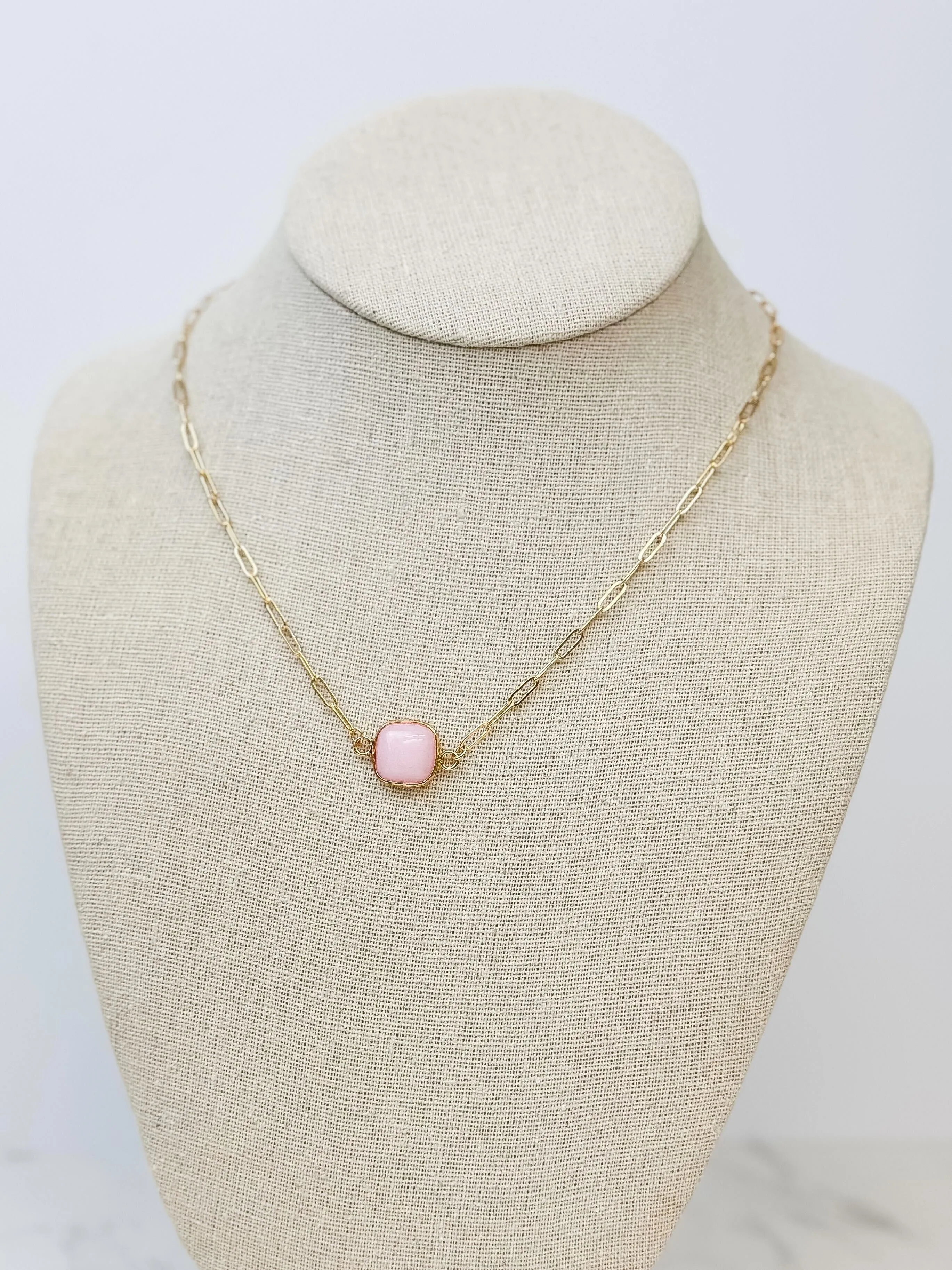 Semi Precious Square Stone Necklace - Pink