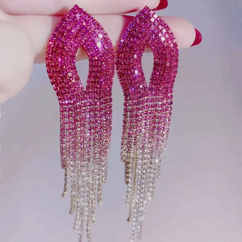 Shiny Rainbow Color Crystal Earrings for Women Long Tassel Rhinestone Dangle Earrings