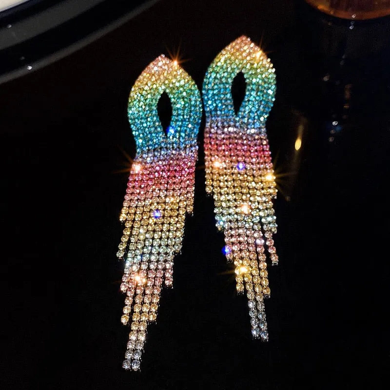 Shiny Rainbow Color Crystal Earrings for Women Long Tassel Rhinestone Dangle Earrings