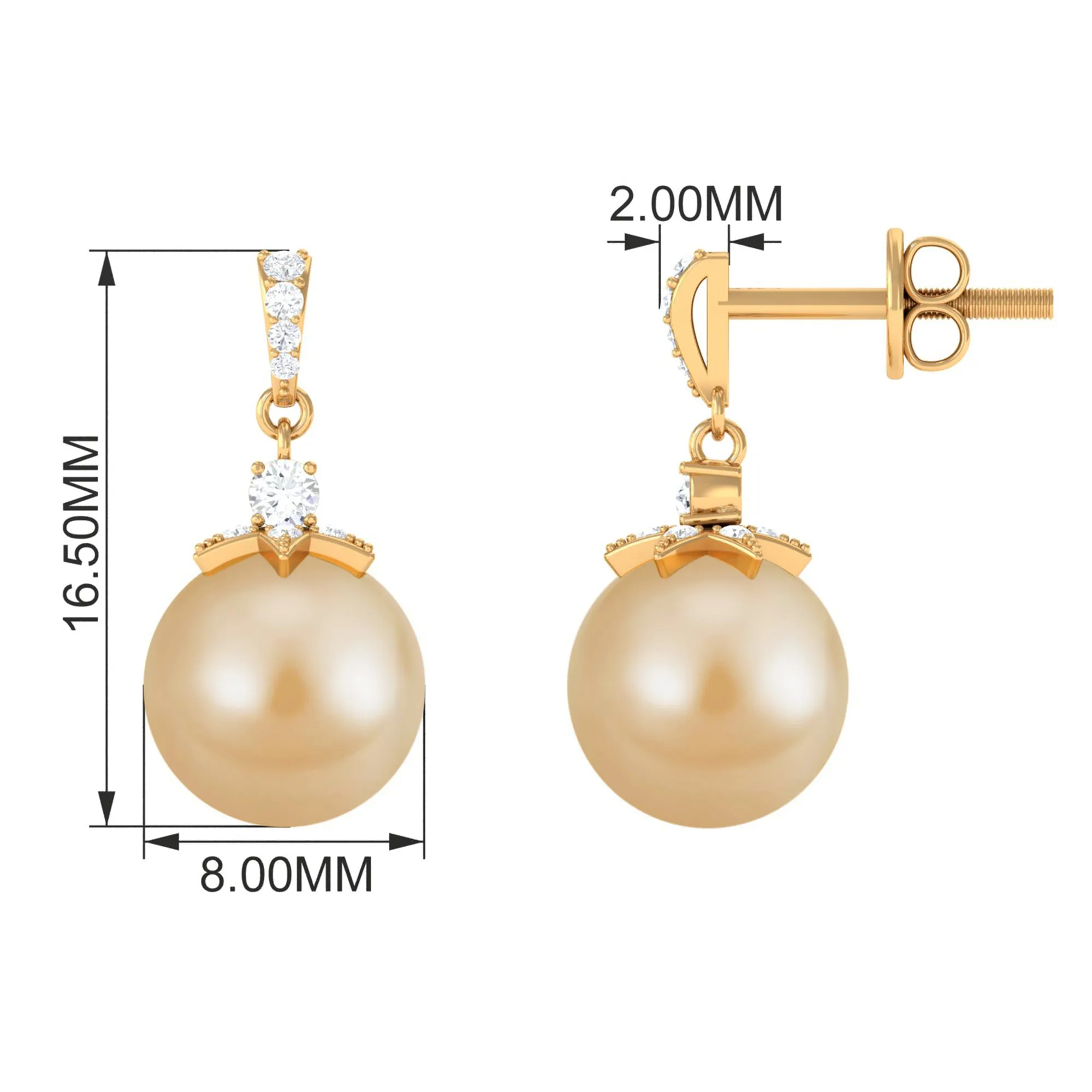 South Sea Pearl Minimal Drop Earrings with Diamond Stones