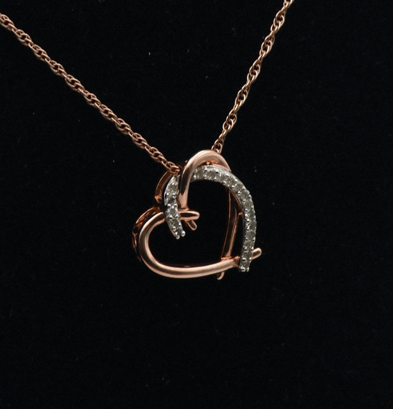 Vintage Rose Gold Tone Diamonds Heart Pendant Sterling Silver Chain Necklace - 18"