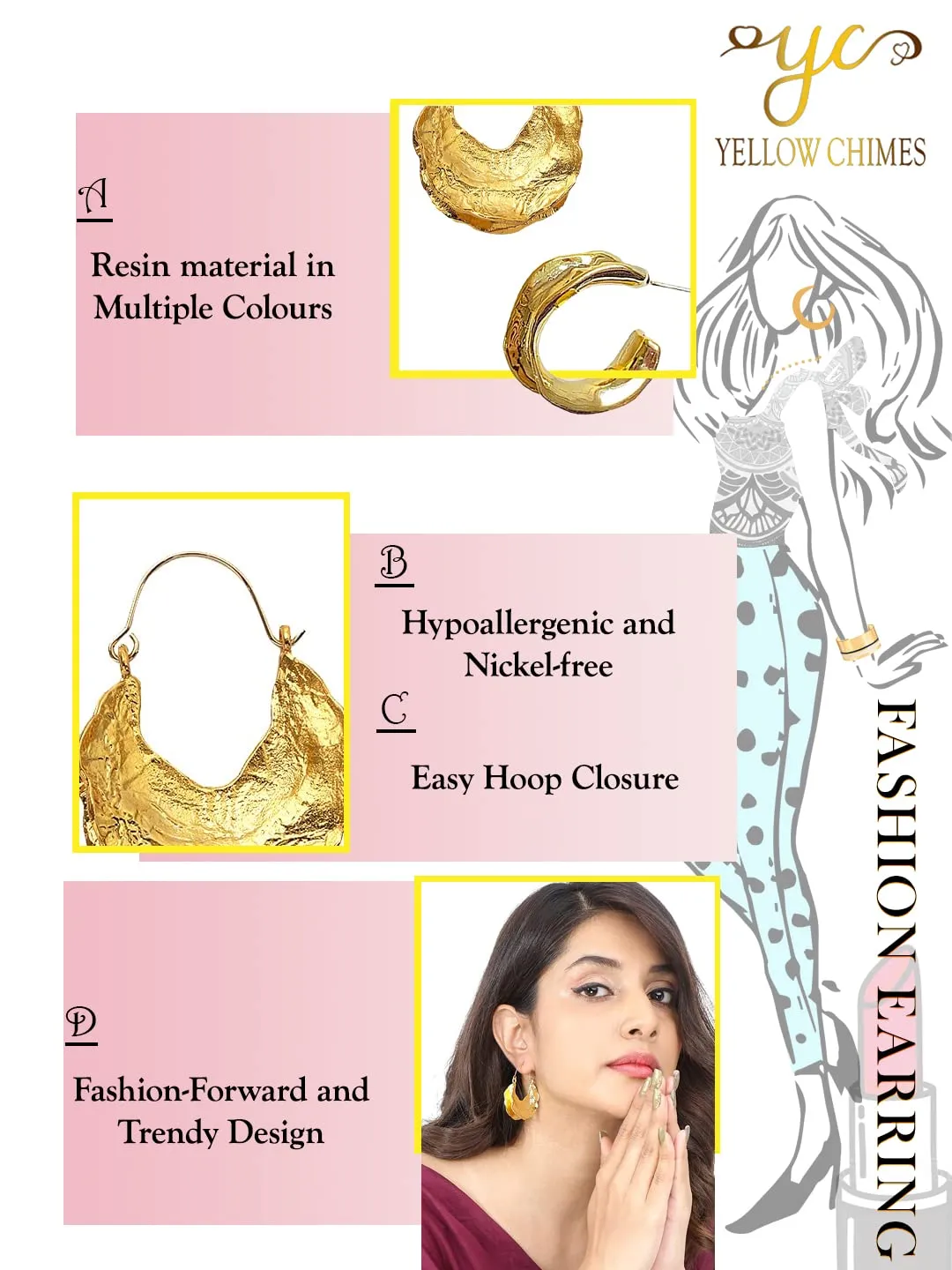 Yellow Chimes Hoop Earrings for Women Fashion Golden Hoops Earring Set | Gold Plated Combo of 2 Pairs Western Hoop Earrings for Girls | Birthday Gift for Girls & Women Anniversary Gift for Wife